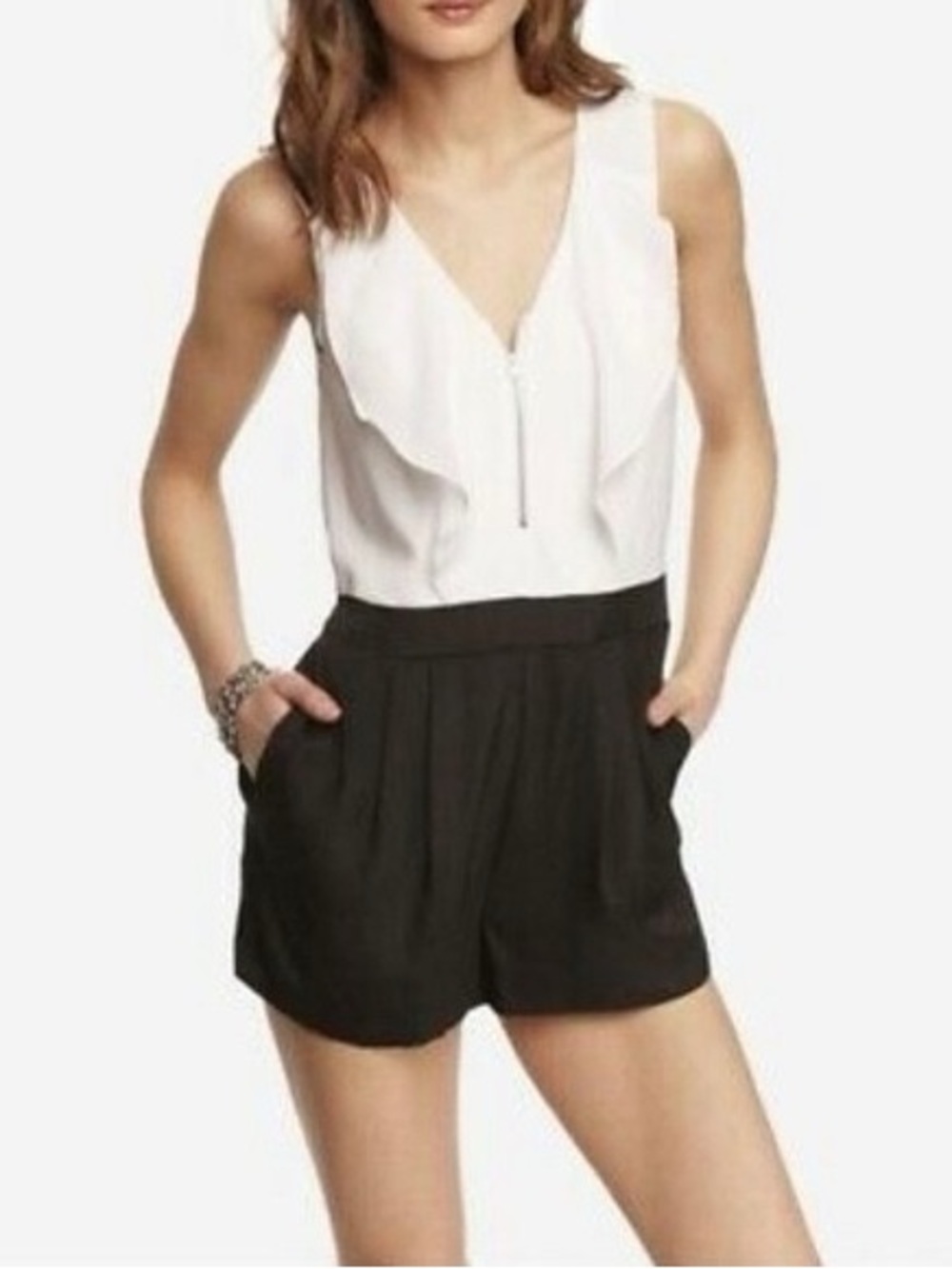 Express Two-Tone V-Neck Romper in White and Black
